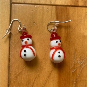Winter Christmas Holiday Glass Snowman Dangle Earrings